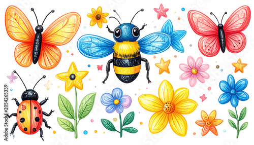Bunte Kinderillustration mit Marienkäfer, Schmetterling und Blumen