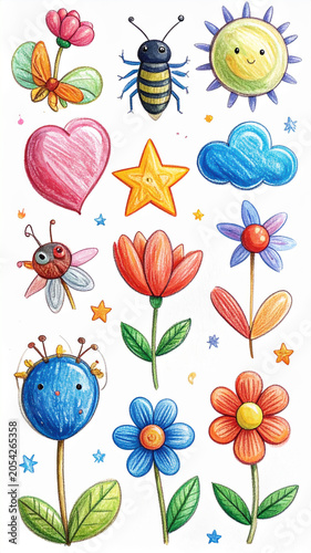 Bunte Kinderillustration mit Marienkäfer, Schmetterling und Blumen