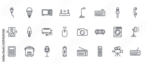 24 outline Electronic Device web icons such as movie camera, battery, washing machine, christmas bulb, microphone podcast. Thin vector symbols for report, presentation, web design and mobile app