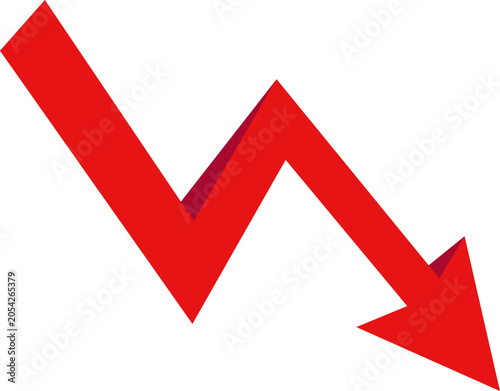 Photography Red downward zigzag arrow, flat graphic decline symbol on white.