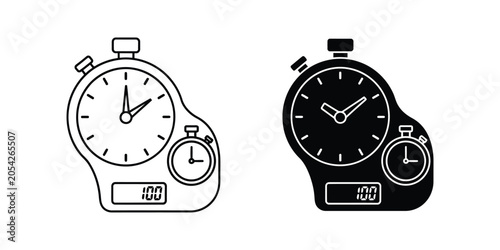 Stopwatch icon set with analog and digital faces on white background