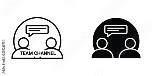 Two people communicating with speech bubbles above heads during a team discussion in a clean graphic style