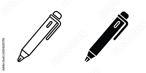 Two simple pen icons in outline and solid black isolated on a white background representing writing and design