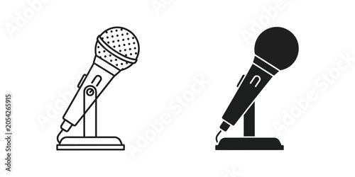 Vintage microphone icon with clean lines and solid silhouette on white background for audio recording and performance concepts