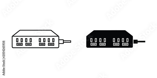 USB Hub with multiple ports shown in line art and solid black silhouette on white background for tech concepts