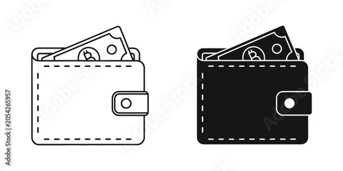 Wallet with currency outline and solid fill icons against a white background for financial concepts
