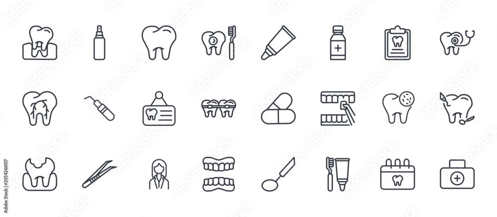 Naklejka premium 24 outline Dental Care web icons such as appointment, denture, bacteria, dental probe, toothpaste. Thin vector symbols for report, presentation, web design and mobile app