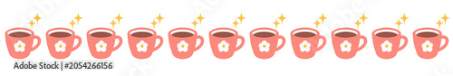 Cute Pink Coffee Cup Seamless Border Pattern. Vector Illustration of Row of Coffee Mugs with Flower Accent for cafe menu designs, web banners, and repeating pattern borders.