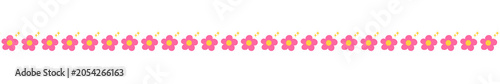 Pink flower border vector illustration on transparent background. Minimalist floral divider line with cute pink blossoms. Decorative horizontal banner with cartoon pink flowers 