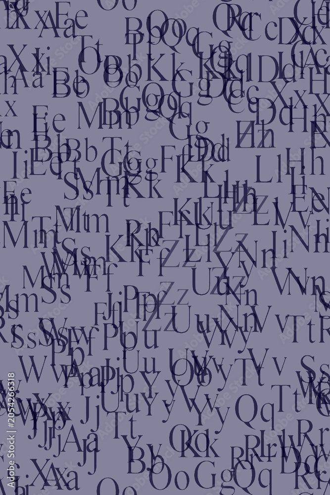 Obraz premium Abstract typographic background featuring overlapping Latin alphabet letters in various opacity and sizes. Dark blue and purple text on soft lavender backdrop creates a modern, artistic background. 