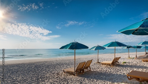 Serene Beach Escape With Sunny Umbrellas And Endless Blue Skies