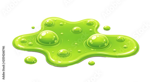 Cartoon green slime puddle with bubbles isolated on transparent background