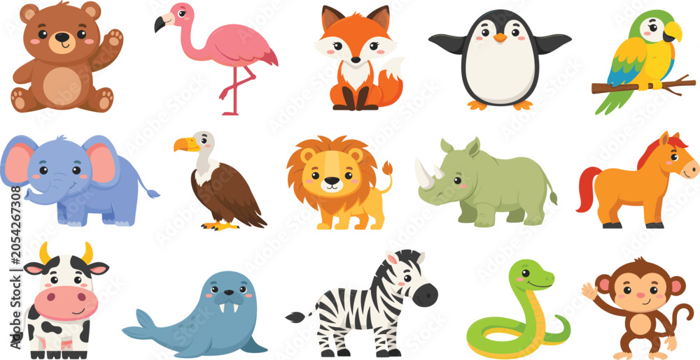 Fototapeta premium Cute Cartoon Zoo and Safari Animals Vector Set with Waving Bear, Flamingo, Fox, Penguin, Parrot, Elephant, Vulture, Lion, Rhino, Horse, Cow, Walrus, Zebra, Snake, and Monkey