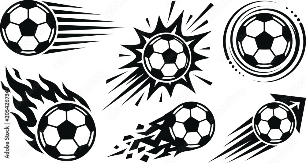 Naklejka premium Black soccer ball icons in dynamic motion