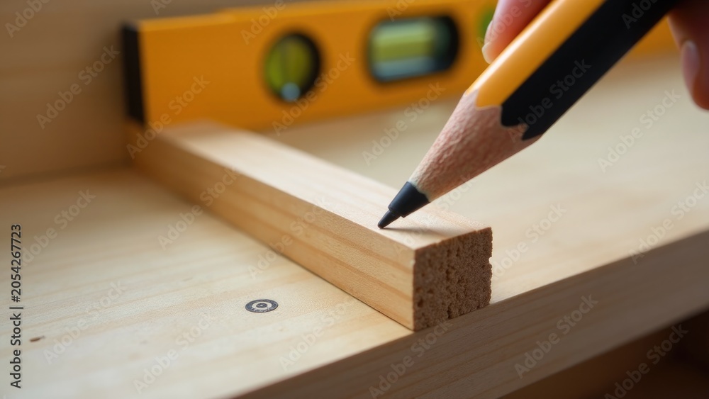 Obraz premium A person measures a piece of wood with a pencil, useful for various DIY projects and woodworking tasks