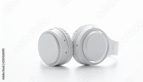 Minimalist white over‑ear headphones with cushioned pads and adjustable band, sleek modern design emphasizing clean lines and ergonomic comfort…