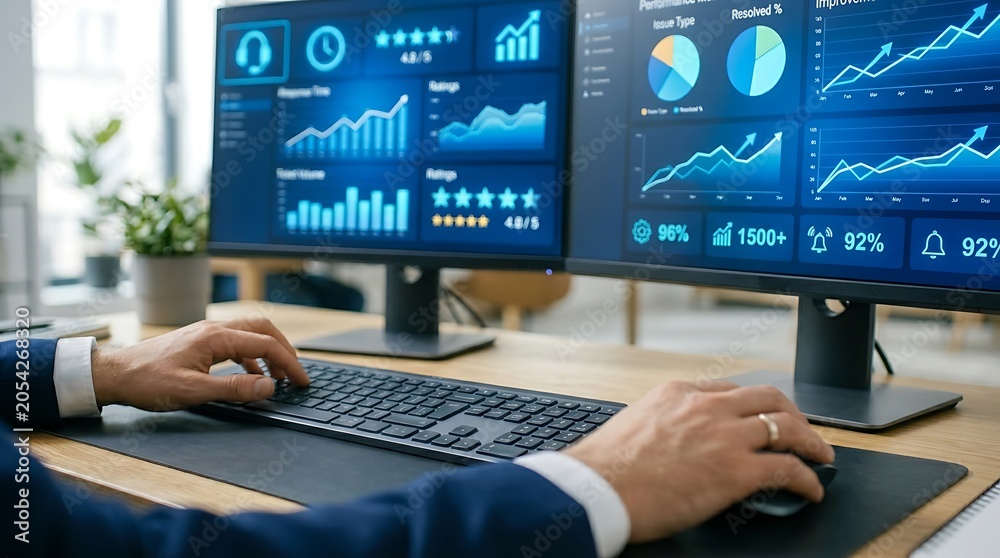 Fototapeta premium Corporate worker reviewing customer support performance metrics on dual monitor setup.
