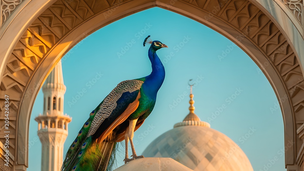 Fototapeta premium Traditional Mughal garden arch, peacock palace illustration frame for wedding invitation 