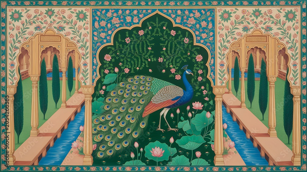 Fototapeta premium Traditional Mughal garden arch, peacock palace illustration frame for wedding invitation 