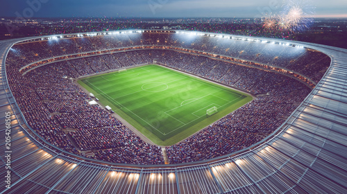 Crowded soccer stadium illuminated at night sky fireworks