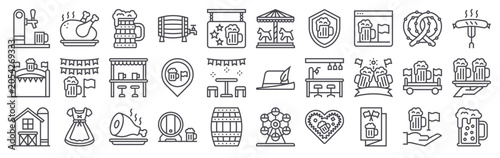 Modern set of 30 thin outline Oktoberfest icons. Vector signs such as beer tap, entrance, cottage, chicken, garlands isolated on white