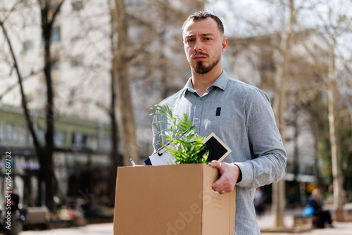 Man holds box with plant and documents while standing in public area during daytime near buildings in a city