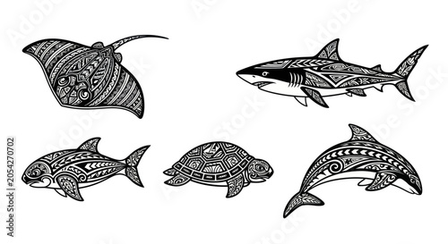 Photography Black and white drawing marine animals.