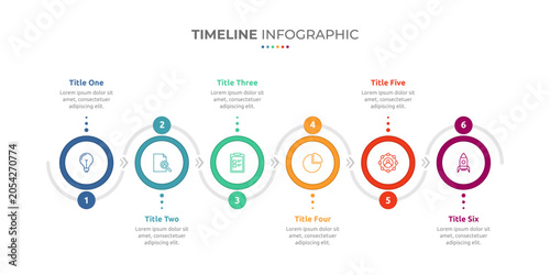 Business process timeline infographic template with data visualization circle elements, arrows and icons. Modern workflow step infographic with 6 phase or number option, vector.