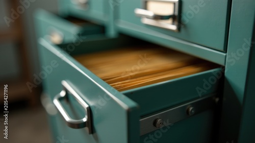 A close-up view of a file cabinet with a drawer full of files, great for office or business settings