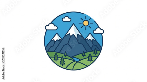 Mountain landscape vector icon with sun and clouds