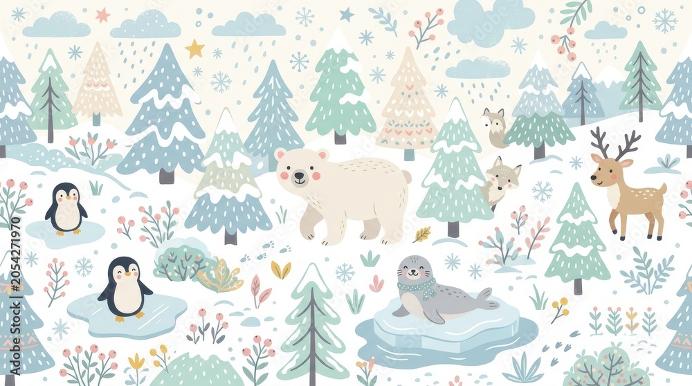 Fototapeta premium Polar bear, penguins, seal, deer, and foxes are in a snowy forest landscape during winter