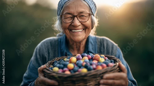 Elderly woman smiling and holding basket of mixed berries in garden during golden hour sunset