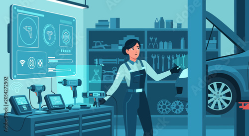 Modern Mechanic Using Smart Tools in High-Tech Workshop