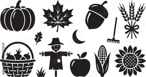 Detailed autumn seasonal vector graphic illustration featuring black silhouettes of pumpkins sunflowers corn stalks scarecrows and harvest festival harvest time icons