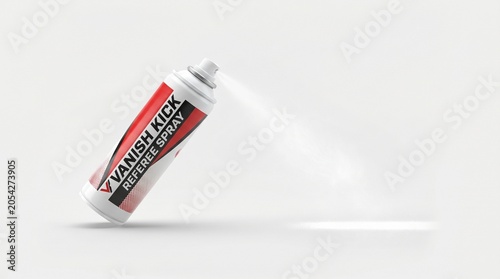 Referee Spray in Action: A can of referee spray is depicted in mid-air, releasing a fine mist of white spray onto a surface, marking a point for a game.