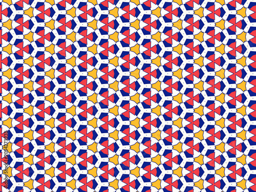 Фотография A complex and colorful geometric tessellation with red, yellow, and blue elements on a white background creates a lively and energetic abstract design