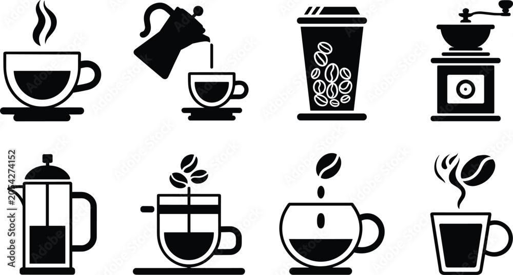 Obraz premium Coffee and Cafe Beverage Silhouette Icon Collection Featuring Brewing Equipment Cups Beans and Hot Drinks