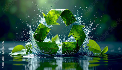 Nachhaltiges Recycling-Symbol aus grünen Blättern und Wasser