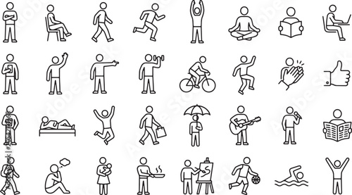 Set of human activity icons, stick figure people actions
