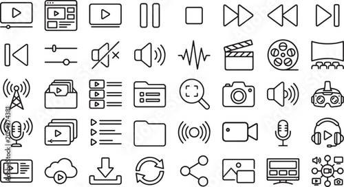Set of multimedia and video player line icons