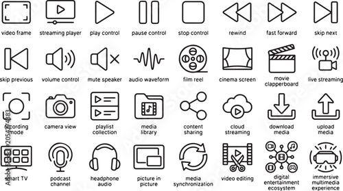 Set of multimedia and video player line icons