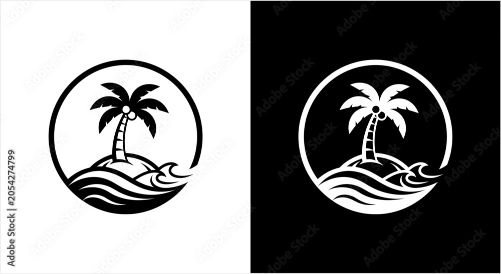 Naklejka premium Tropical Island Palm Tree and Ocean Waves Emblem.