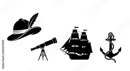 Vászonkép Collection of nautical and exploration symbols including a wide brimmed hat with