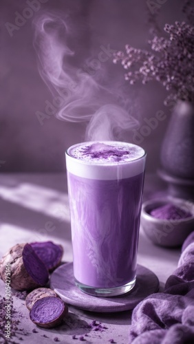 A hot steaming purple ube latte topped with milk foam and powder in a glass. Presented on a textured surface alongside sliced purple sweet potato and a vase of lavender under soft morning light.