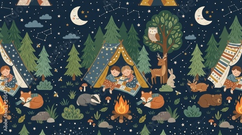 Children camp in tents near a campfire as forest animals sleep under a starry night sky