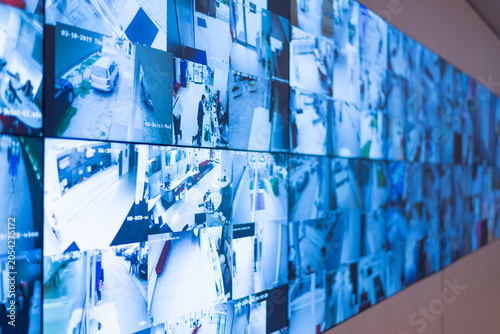 Large Video Wall Displaying Multiple CCTV Security Camera Feeds