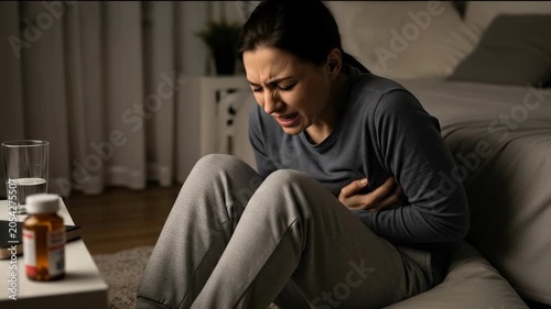 Intestinal disease causing severe abdominal pain, suffering woman clutching stomach, dark bedroom setting, medical health condition, urgent care concept, prescription medicine