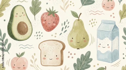 Cute, wholesome pattern: Avocado, strawberry, pear, peach, bread, milk