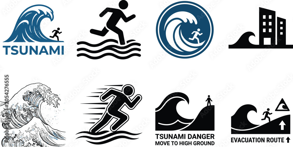 Obraz premium Tsunami Warning and Evacuation Silhouette Icon Set with Ocean Wave Disaster Safety Emergency Symbols Collection