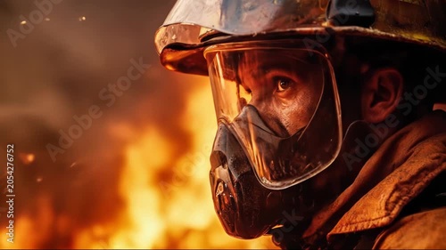 Close up portrait of a courageous fireman wearing protective mask and helmet during a dangerous rescue mission amidst intense orange wildfire